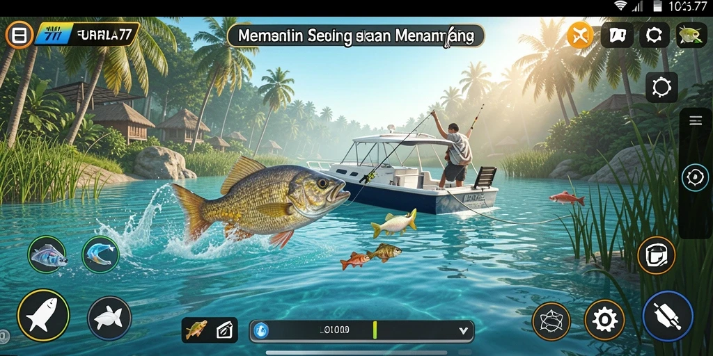 Screenshot gameplay FURLA77 menampilkan aksi memancing yang seru.