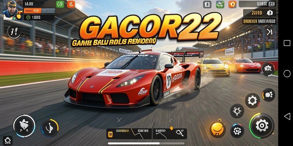 Screenshot gameplay GACOR22 menunjukkan balapan mendebarkan dan mobil keren.