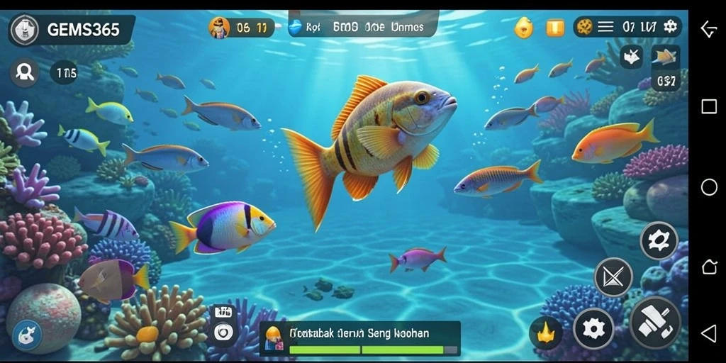 Screenshot gameplay GEMS365 yang menarik saat menembak ikan.