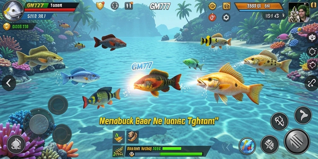 Screenshot GM777 menampilkan aksi tembak ikan yang seru.