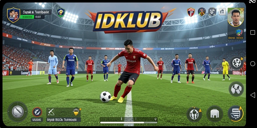 Tangkapan layar utama IDKLUB menampilkan aksi seru dalam permainan sepak bola.