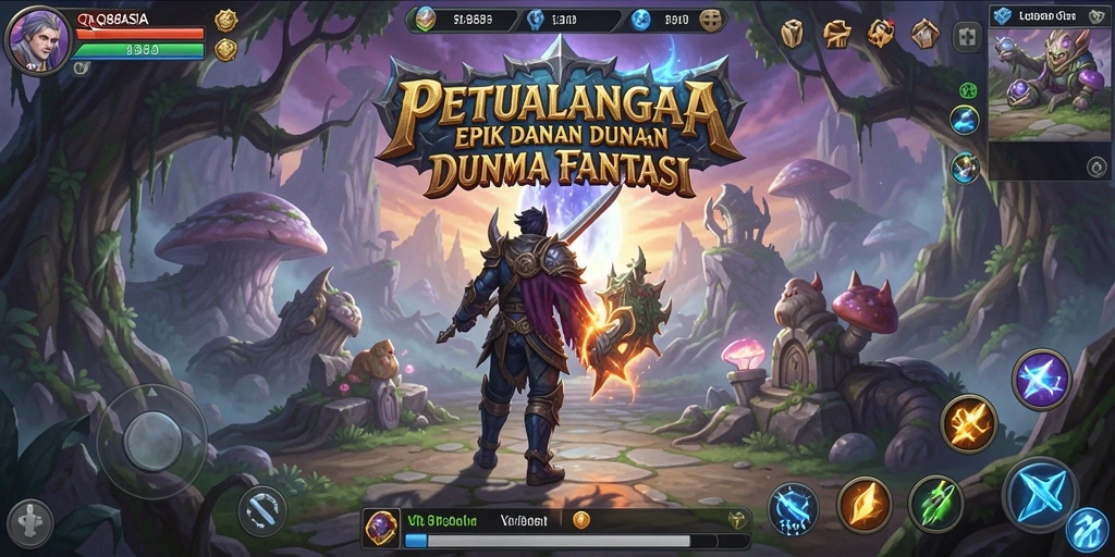Screenshot gameplay QQ88ASIA yang menampilkan pertempuran epik RPG.