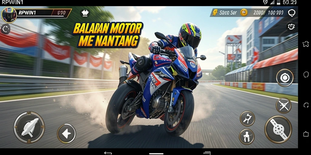 Screenshot utama RPWIN1 menunjukkan balapan motor yang mendebarkan dan grafis menakjubkan.
