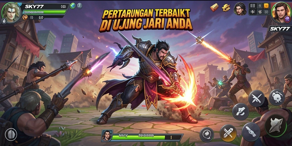 Screenshot gameplay SKY77 menampilkan aksi pertarungan seru dan karakter yang beragam.